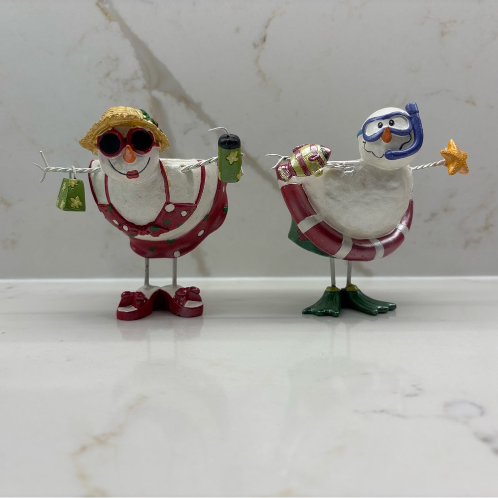 Pair of Snowman Snow Woman Beach Christmas Candle Holders in Beach Wear Holiday